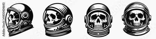 skeleton head with astronaut helmet. Space suit universe galaxy cartoon clipart. Skull visage cosmic voyager dome.
