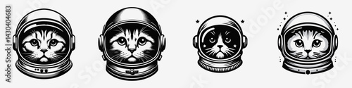 Scottish Fold Cat head with astronaut helmet. Space suit universe galaxy cartoon clipart. Feline face wearing cosmic headgear kitty program photo.