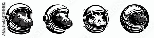 Pygmy hippo head with astronaut helmet. Space suit universe galaxy cartoon clipart. Miniature cranium spaceman gear intergalactic journey.