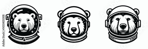Polar Bear head with astronaut helmet. Space suit universe galaxy cartoon clipart. Arctic visage spaceman dome cosmic exploration theme.