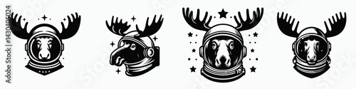 Moose head with astronaut helmet. Space suit universe galaxy cartoon clipart. Cervidae cranium cosmonaut gear outer exploration.