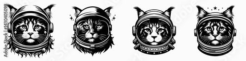 Maine Coon Cat head with astronaut helmet. Space suit universe galaxy cartoon clipart. Fluffy feline face within spacesuit dome cosmic travel.