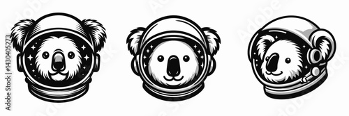 Koala head with astronaut helmet. Space suit universe galaxy cartoon clipart. Marsupial visage in galactic headgear cosmic explorer.