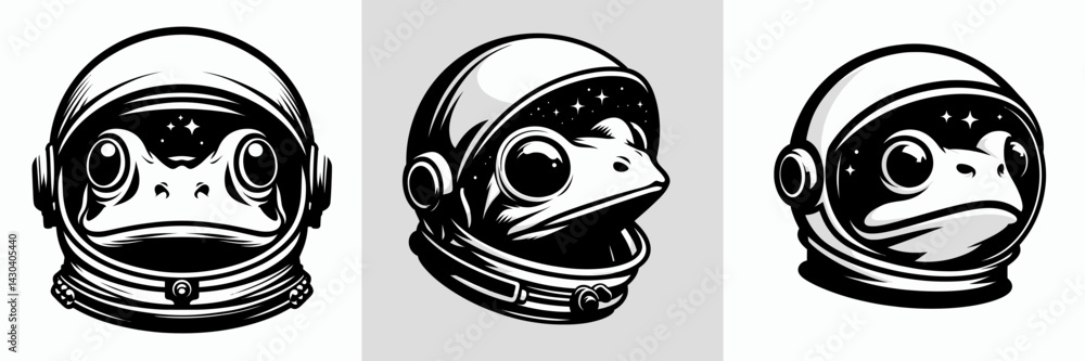Fototapeta premium Frog head with astronaut helmet. Space suit universe galaxy cartoon clipart. Amphibian portrait cosmic helmet journey.