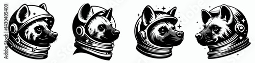 Hyena head with astronaut helmet. Space suit universe galaxy cartoon clipart. Canine cranium helmet celestial traveler animal art.