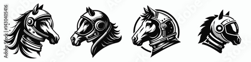 Horse head with astronaut helmet. Space suit universe galaxy cartoon clipart. Equine face galactic explorer headgear cosmic journey attire.