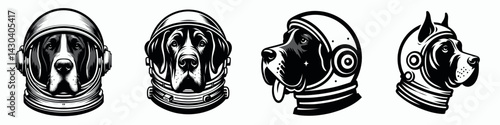 Great Dane Dog head with astronaut helmet. Space suit universe galaxy cartoon clipart. Giant canine cranium wearing gear cosmic adventure.