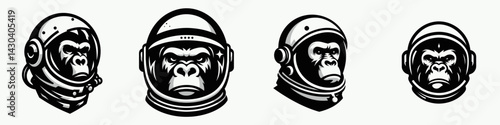 Gorilla head with astronaut helmet. Space suit universe galaxy cartoon clipart. Primate in suit ape headgear galactic explorer.