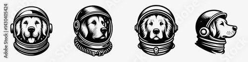 Golden Retriever Dog head with astronaut helmet. Space suit universe galaxy cartoon clipart. Canine cosmonaut headgear pet breed voyage.
