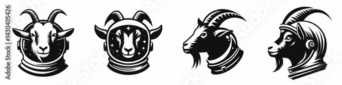 Goat head with astronaut helmet. Space suit universe galaxy cartoon clipart. Horned creature cosmonaut cap travel gear.