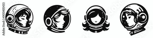  head with astronaut helmet. Space suit universe galaxy cartoon clipart. Female visage inside cosmic dome for stellar adventure picture.