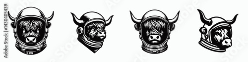 Highland Cow head with astronaut helmet. Space suit universe galaxy cartoon clipart. Bovine headgear cosmic explorer cattle voyage.