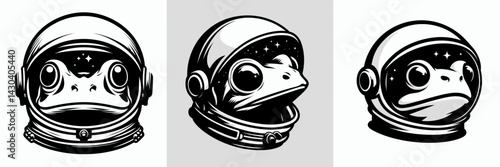 Frog head with astronaut helmet. Space suit universe galaxy cartoon clipart. Amphibian portrait cosmic helmet journey.