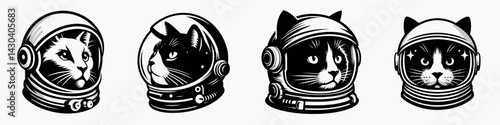 Domestic Shorthair Cat head with astronaut helmet. Space suit universe galaxy cartoon clipart. Feline visage wearing cosmic dome breed.