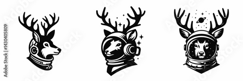 Deer head with astronaut helmet. Space suit universe galaxy cartoon clipart. Cervidae cranium cosmonaut gear cosmic adventure journey.