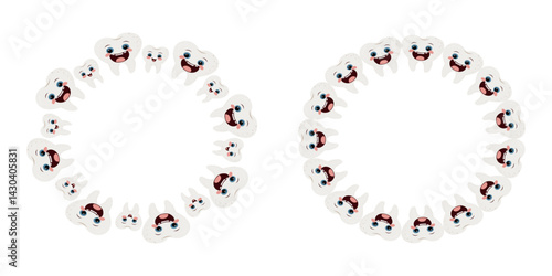 Cartoon teeth with eyes and emotions forming a decorative frame, outline style, isolated vector illustration, cute and playful design