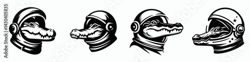Crocodile head with astronaut helmet. Space suit universe galaxy cartoon clipart. Reptilian explorer cosmic gator in orbit gear.