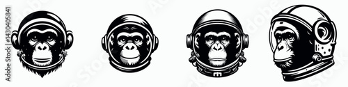 Chimpanzee head with astronaut helmet. Space suit universe galaxy cartoon clipart. Primate face cosmic helmet travel concept ape.