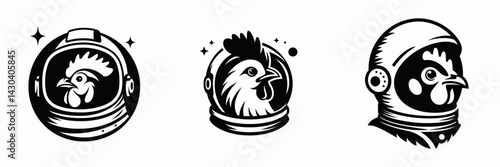 Chicken head with astronaut helmet. Space suit universe galaxy cartoon clipart. Fowl dome cosmonaut avian visage spacewalk bird headgear.