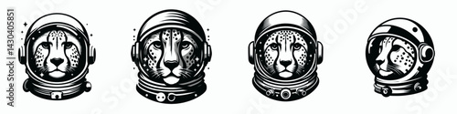 Cheetah head with astronaut helmet. Space suit universe galaxy cartoon clipart. Feline face spaceman gear cosmic wildlife portrait.