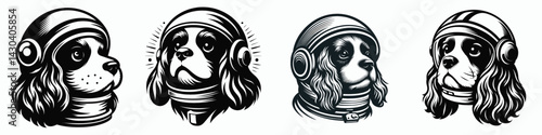 Cavalier King Charles Spaniel Dog head with astronaut helmet. Space suit universe galaxy cartoon clipart. Canine explorer royal pup wearing cosmic headgear.