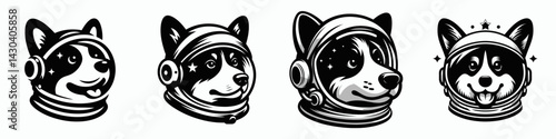 Corgi Dog head with astronaut helmet. Space suit universe galaxy cartoon clipart. Welsh face gear cosmonaut dome canine headgear.