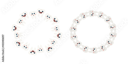 Cartoon teeth with eyes and emotions forming a decorative frame, outline style, isolated vector illustration, cute and playful design