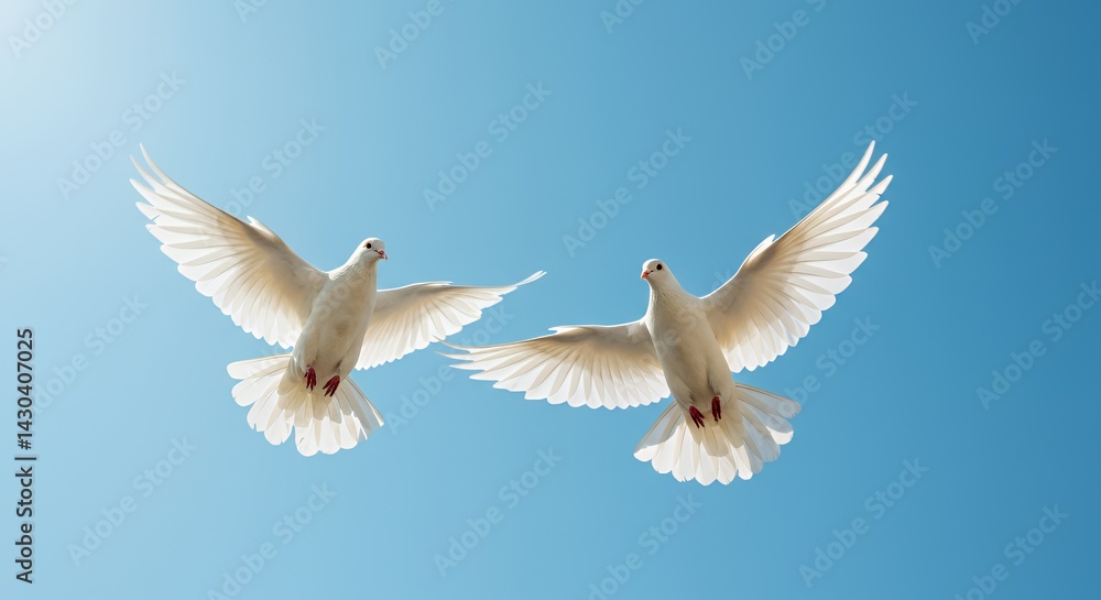 Two white doves gracefully soar across a clear blue sky spreading peace Two white doves gracefully soar across a clear blue sky spreading peace