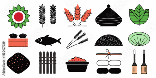 Set of different seafood minimalistic icons. Flat images isolated on white background. Vector illustration.