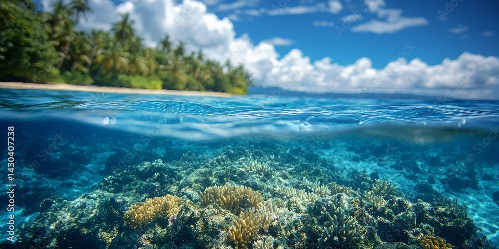 Fototapeta premium Tropical uninhabited island with coral reef and clouds creating stunning scenery