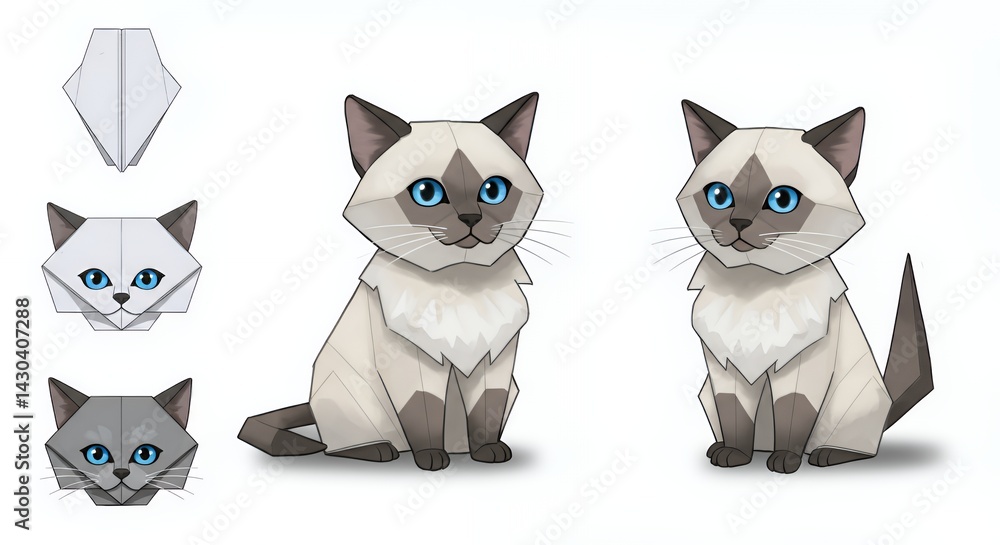 Fototapeta premium Geometric origami representations of a balinese cat breed.