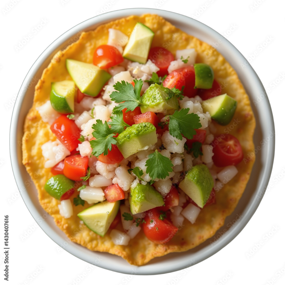 Overhead shot of a vibrant ceviche tostada. Perfect for Cinco de Mayo, Mexican cuisine promotions. Fresh seafood, bright colors, and appetizing textures. Overhead shot of a vibrant ceviche tostada. Perfect for Cinco de Mayo, Mexican cuisine promotions. Fresh seafood, bright colors, and appetizing textures.