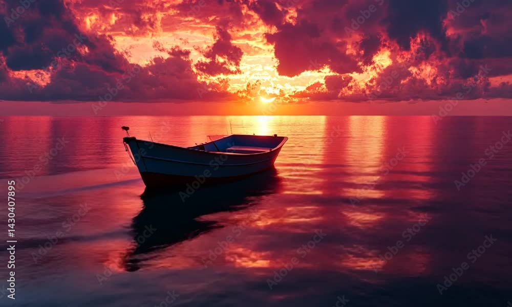 Serene sunset over calm waters with a solitary boat silhouetted against vibrant clouds Serene sunset over calm waters with a solitary boat silhouetted against vibrant clouds