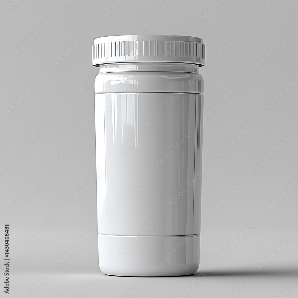Minimalist white plastic jar with screw cap on neutral background. Minimalist white plastic jar with screw cap on neutral background.
