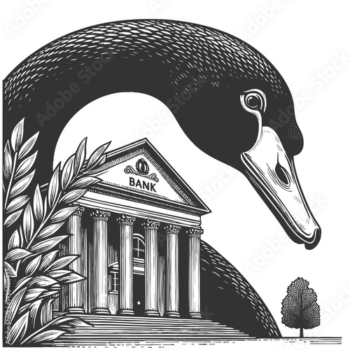 giant black swan next to a classical bank building, symbolizing rare and catastrophic financial events sketch engraving generative ai vector illustration. Scratch board imitation. Black and white.
