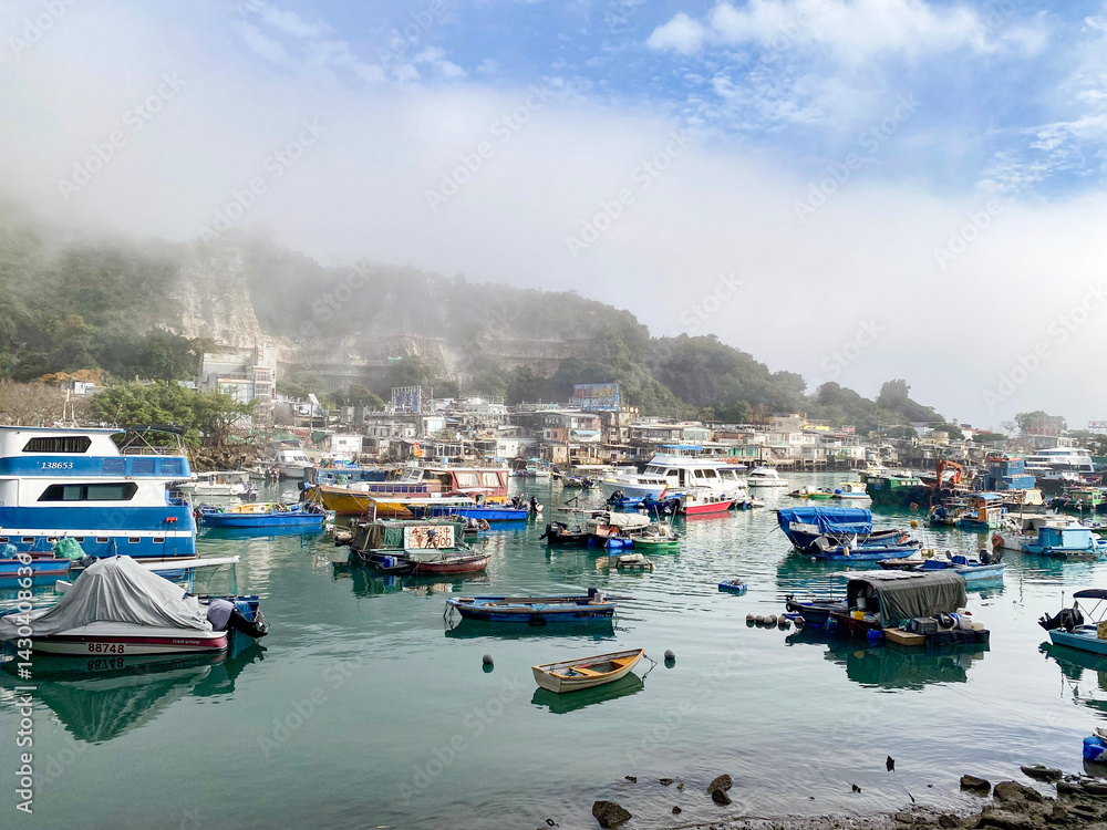 Boats Moored in a Misty Harbor in Lee Yue Mun, Hong Kong