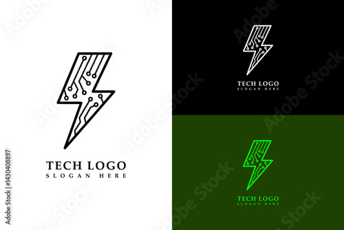 vector illustration of thunderbolt with digital nodes, abstract, logo for fast data, data center, data transfer, data science, information technology, internet of things, tech, and more