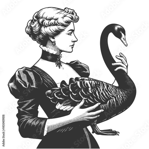 graceful woman in Victorian dress gently holding a black swan, evoking beauty and mystery sketch engraving generative ai fictional character vector illustration. Scratch board. Black and white image.
