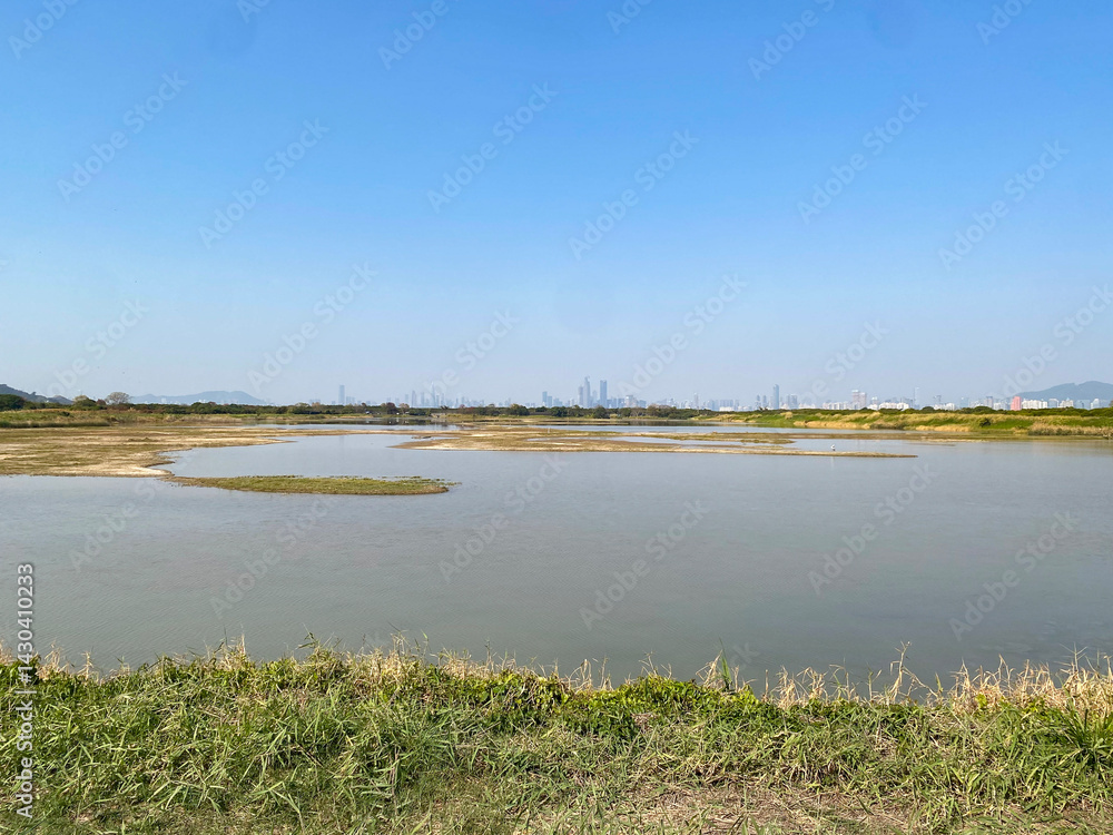Tranquil Wetland Lake Landscape with Distant Mountains and Clear Sky, Mei Po, Hong Kong