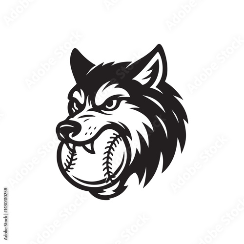 wolf head biting baseball, mascot for baseball