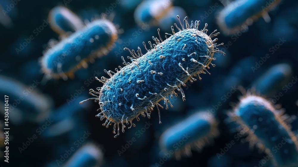 Close-up of vibrant blue bacteria floating in a microscopic world. Close-up of vibrant blue bacteria floating in a microscopic world.