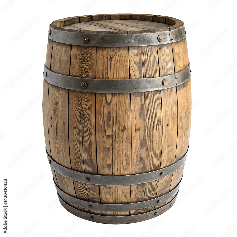 Fototapeta premium Rustic Wooden Barrel with Metal Bands PNG and transparent background