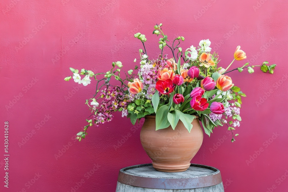 Vibrant floral arrangement in terracotta pot against a fuchsia backdrop. Vibrant floral arrangement in terracotta pot against a fuchsia backdrop.