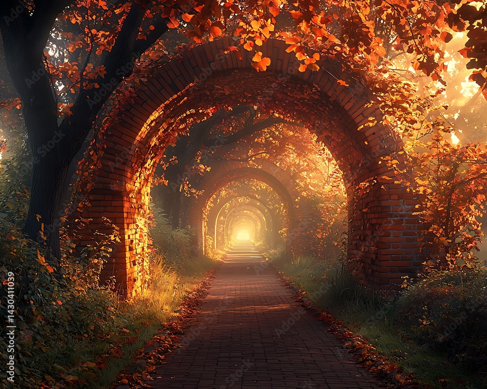 Fototapeta premium Autumnal archway path bathed in golden light