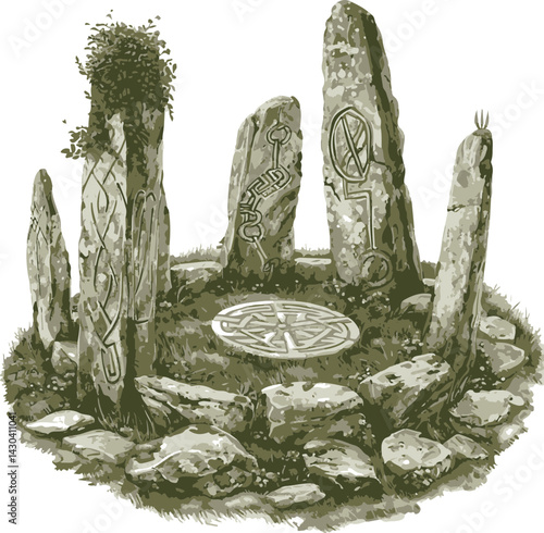 Ancient Stone Circle Ritual Site Illustration