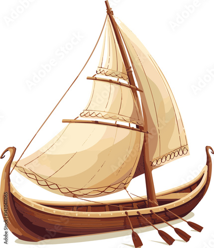 Cartoon Viking Ship Sailing on White Background