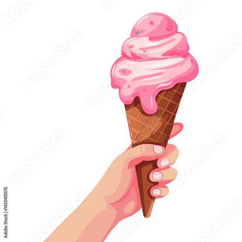 Hand holding a melting pink ice cream illustration dessert hand vector