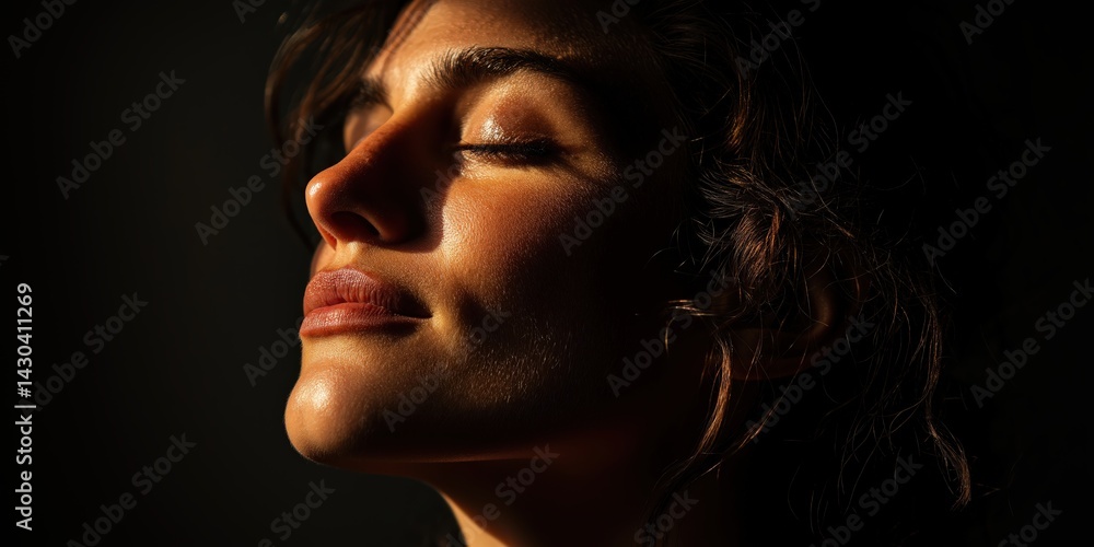 Calm woman in low light, serene expression highlighting features, perfect for wellness or meditation themes, copy-space available. Calm woman in low light, serene expression highlighting features, perfect for wellness or meditation themes, copy-space available.