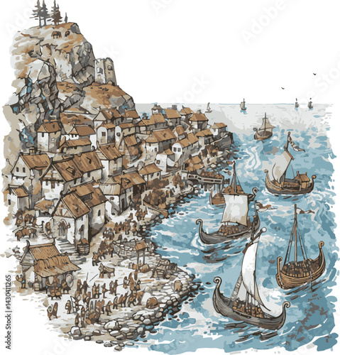 Viking Coastal Village and Longboats Illustration
