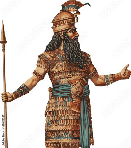 Ancient Assyrian King with Spear, Isolated
